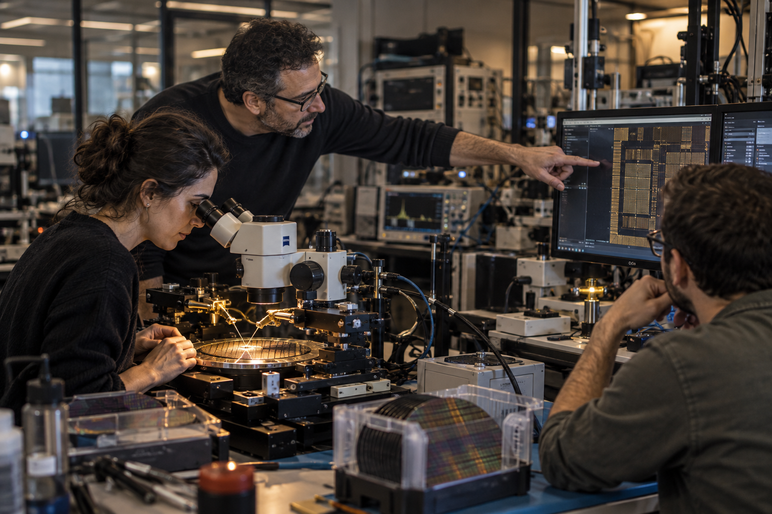 Illustration of a neuromorphic hardware lab: researchers examining a wafer on a probe station under a microscope, surrounded by measurement instruments and silicon wafers.